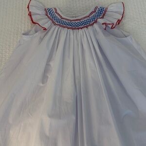 The Beaufort Bonnet Company White Smocked Dress with Blue and Red Accents